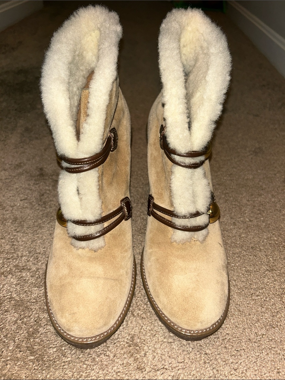 Coach Lenora Tan Suede Shearling-Trim Block Heel Boots - Picture 3 of 10